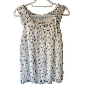 Giusy Y2K Vintage Silk White and Blue Bird Smocked Flutter Sleeve Blouse Size S